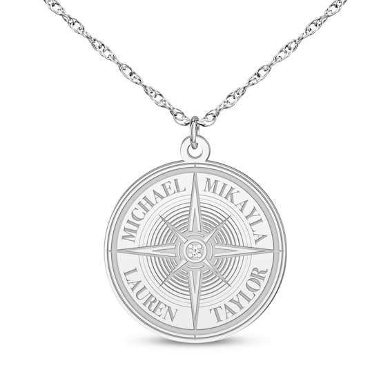 Diamond Accent Engravable Compass Necklace Sterling Silver 18"