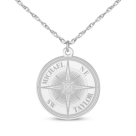 Diamond Accent Engravable Compass Necklace Sterling Silver 18&quot 