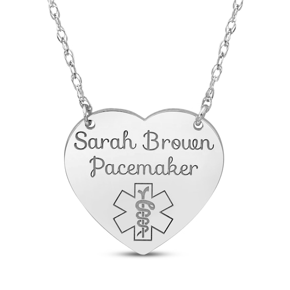 Heart-Shaped Medical Alert Notification Necklace 10K White Gold 18"