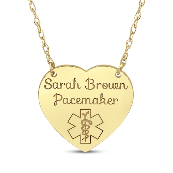 Heart-Shaped Medical Alert Notification Necklace 10K Yellow Gold 18"