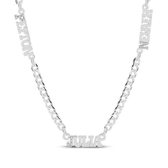 Diamond 3 Name Station Curb Chain Necklace 1/15 ct tw Sterling Silver 18"
