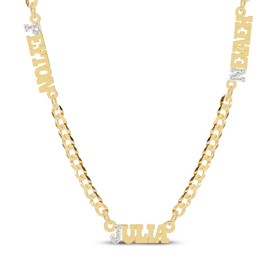 Diamond 3 Name Station Curb Chain Necklace 1/15 ct tw 14K Yellow Gold 18"