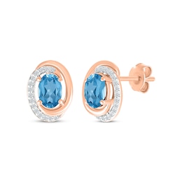 Oval-Cut Swiss Blue Topaz & Diamond Swirl Stud Earrings 1/15 ct tw 10K Rose Gold