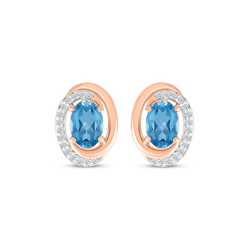 Main Image 2 of Oval-Cut Swiss Blue Topaz & Diamond Swirl Stud Earrings 1/15 ct tw 10K Rose Gold