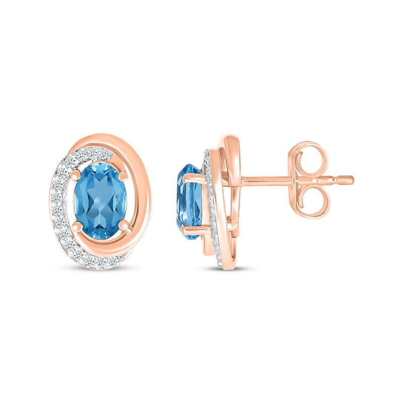 Main Image 3 of Oval-Cut Swiss Blue Topaz & Diamond Swirl Stud Earrings 1/15 ct tw 10K Rose Gold