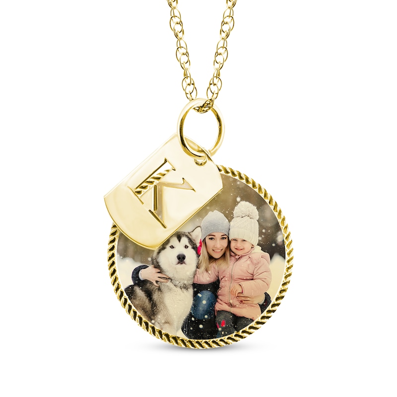 Main Image 1 of Rope Edge Photo & Initial Charms Necklace 10K Yellow Gold 18&quot;