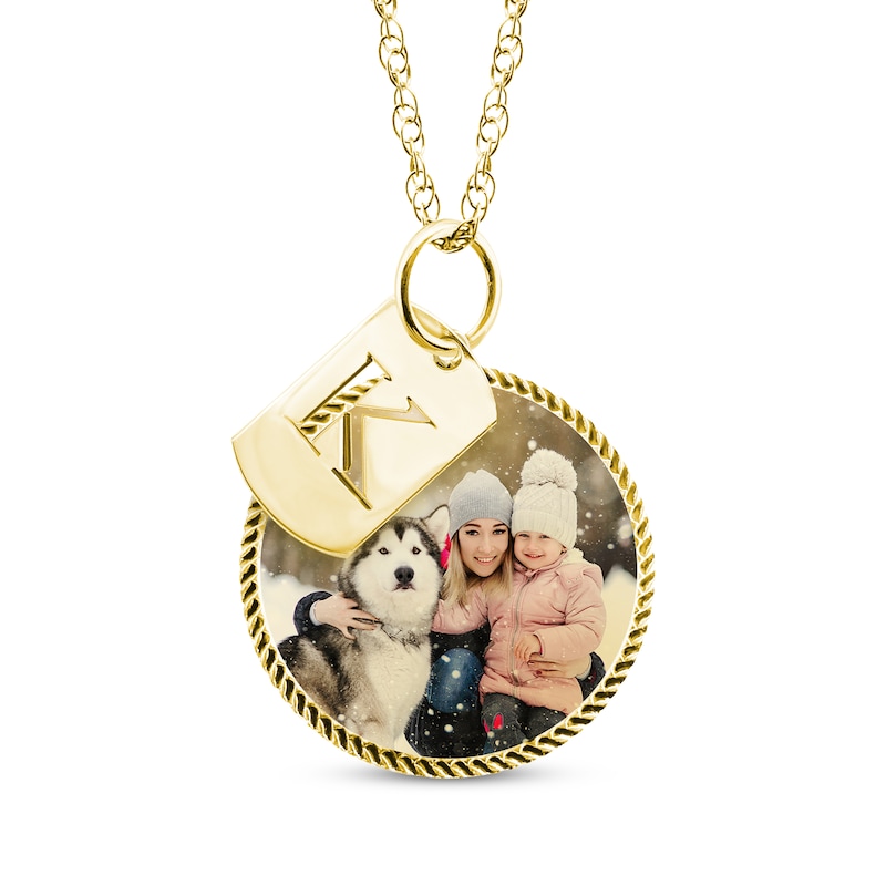 Rope Edge Photo & Initial Charms Necklace 10K Yellow Gold 18"