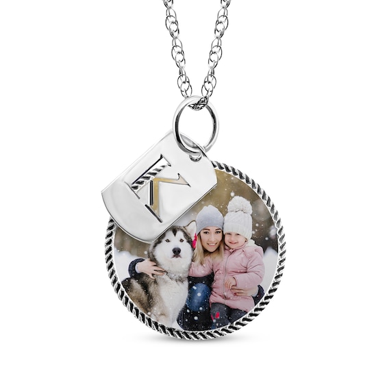 Rope Edge Photo & Initial Charms Necklace 10K White Gold 18"