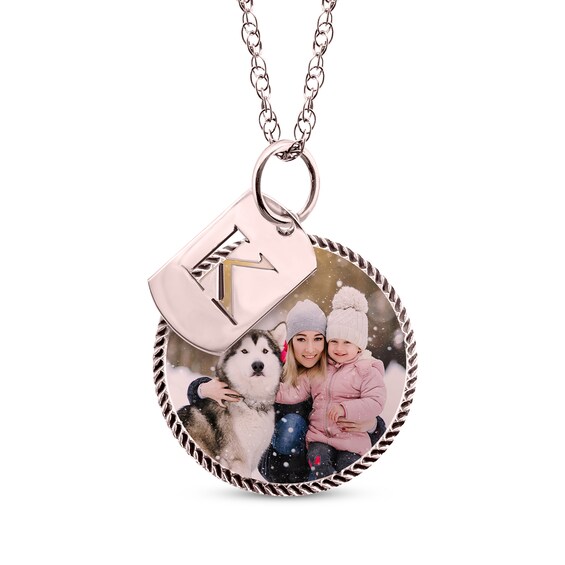 Rope Edge Photo & Initial Charms Necklace 10K Rose Gold 18"