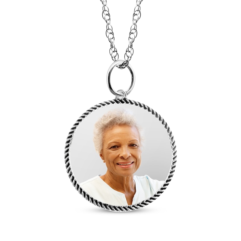 Main Image 1 of Small Round Rope Edge Photo Charm Necklace Sterling Silver 18&quot;