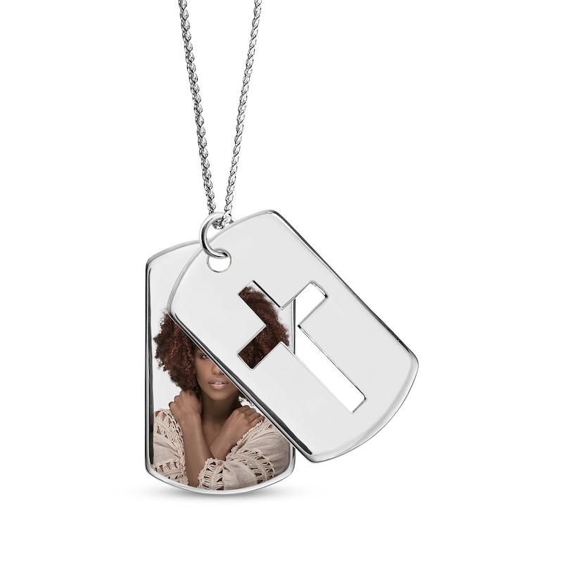 Main Image 1 of Men's Double Dog Tag Photo & Cross Swivel Necklace Sterling Silver 22&quot;