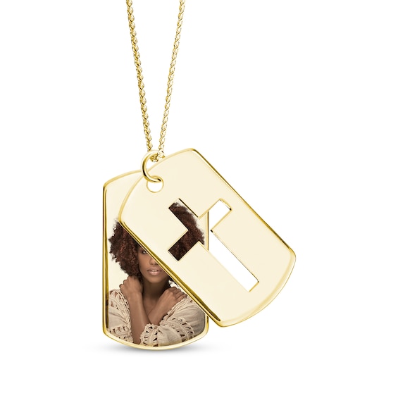 Men's Double Dog Tag Photo & Cross Swivel Necklace 10K Yellow Gold 22"