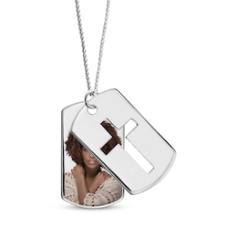 Men's Double Dog Tag Photo & Cross Swivel Necklace 10K White Gold 22"