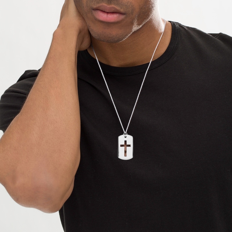 Main Image 4 of Men's Double Dog Tag Photo & Cross Swivel Necklace 10K White Gold 22&quot;