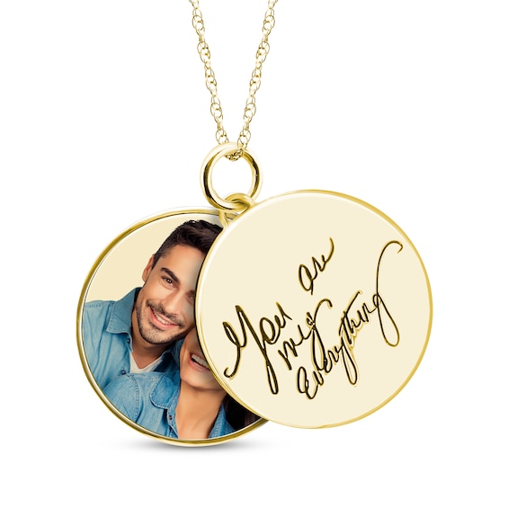 Double Round Photo & Handwritten Message Charm Swivel Necklace 10K Yellow Gold 18"