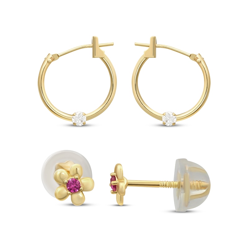 Main Image 1 of Children's White & Purple Cubic Zirconia Earrings Set 14K Yellow Gold