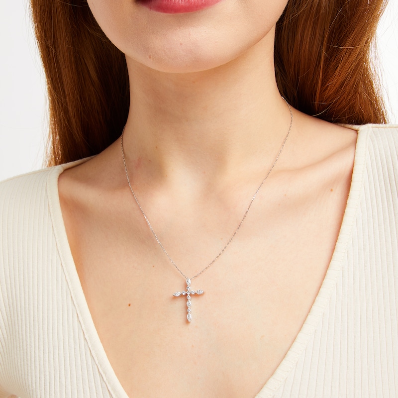 Lab-Created Diamonds by KAY Marquise & Round-Cut Cross Necklace 3/4 ct tw 10K White Gold 18"