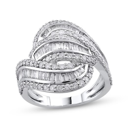 Baguette & Round-Cut Diamond Bypass Fashion Ring 1-1/2 ct tw 10K White Gold