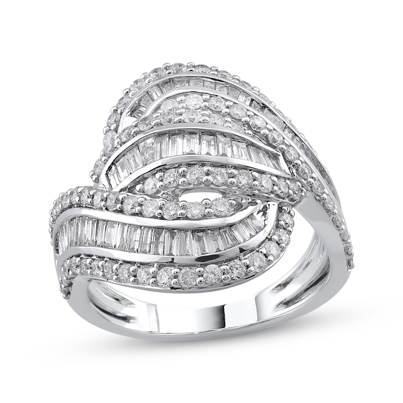 Main Image 1 of Baguette & Round-Cut Diamond Bypass Fashion Ring 1-1/2 ct tw 10K White Gold