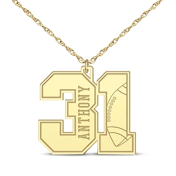 Football Double Digit Number & Name Necklace 10K Yellow Gold 22"