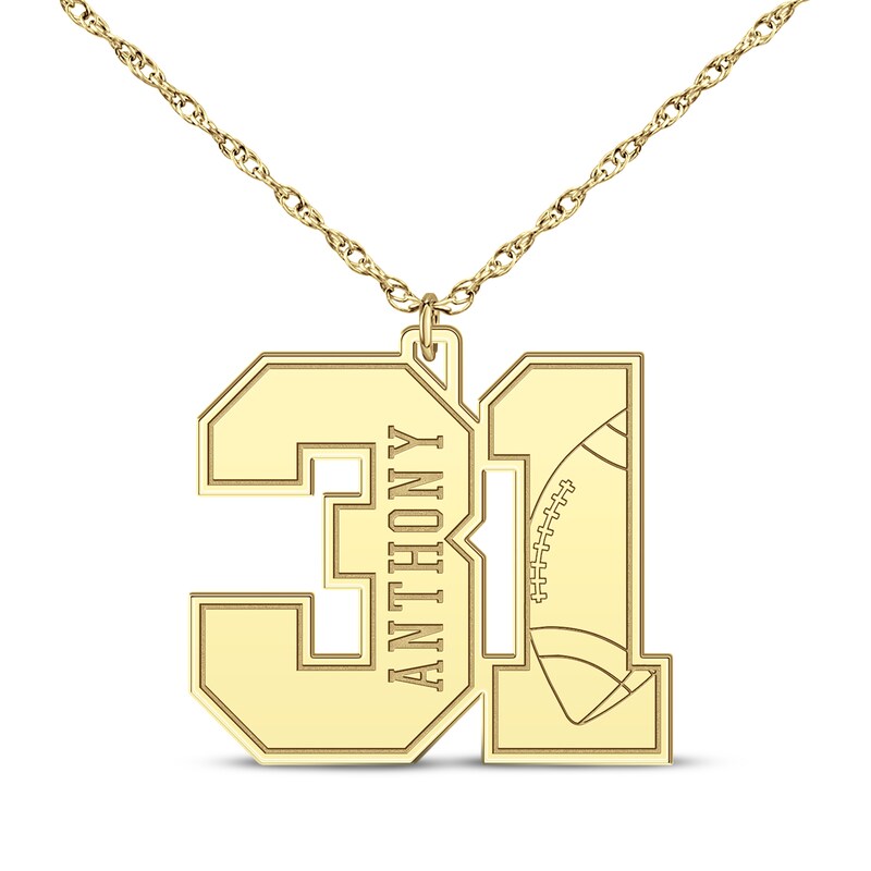 Main Image 1 of Football Double Digit Number & Name Necklace 10K Yellow Gold 22&quot;