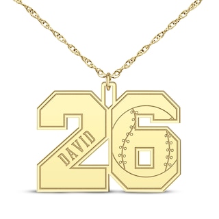 Baseball Double Digit Number & Name Necklace 10K Yellow Gold 22"