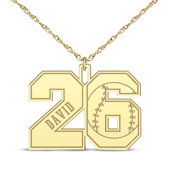 Baseball Double Digit Number & Name Necklace 14K Yellow 22"