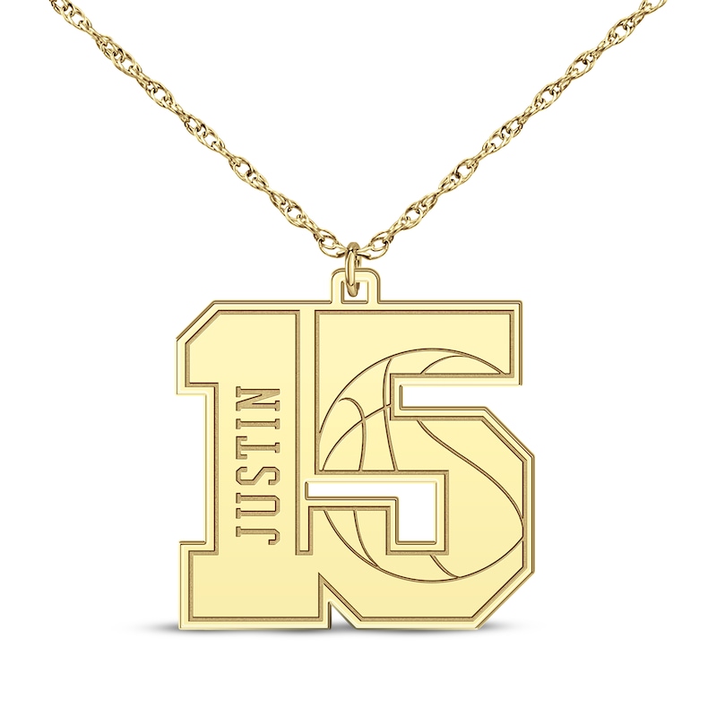 Basketball Double Digit Number & Name Necklace 10K Yellow Gold 22"