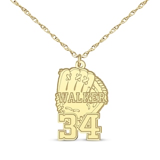 Baseball Glove Name & Number Necklace 10K Yellow Gold 22"