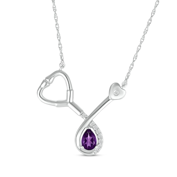 Pear-Shaped Amethyst & White Lab-Created Sapphire Stethoscope Necklace Sterling Silver 17"