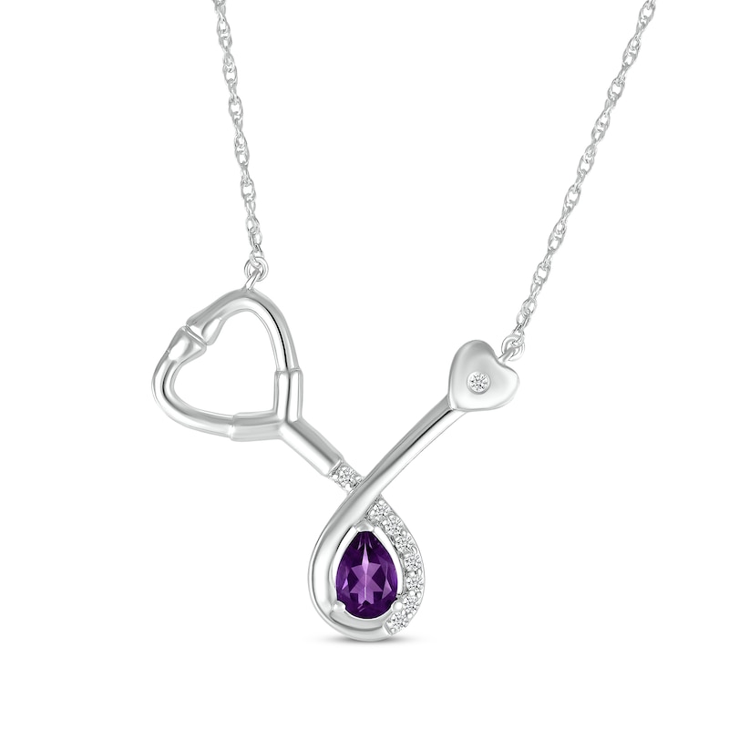 Main Image 1 of Pear-Shaped Amethyst & White Lab-Created Sapphire Stethoscope Necklace Sterling Silver 17&quot;