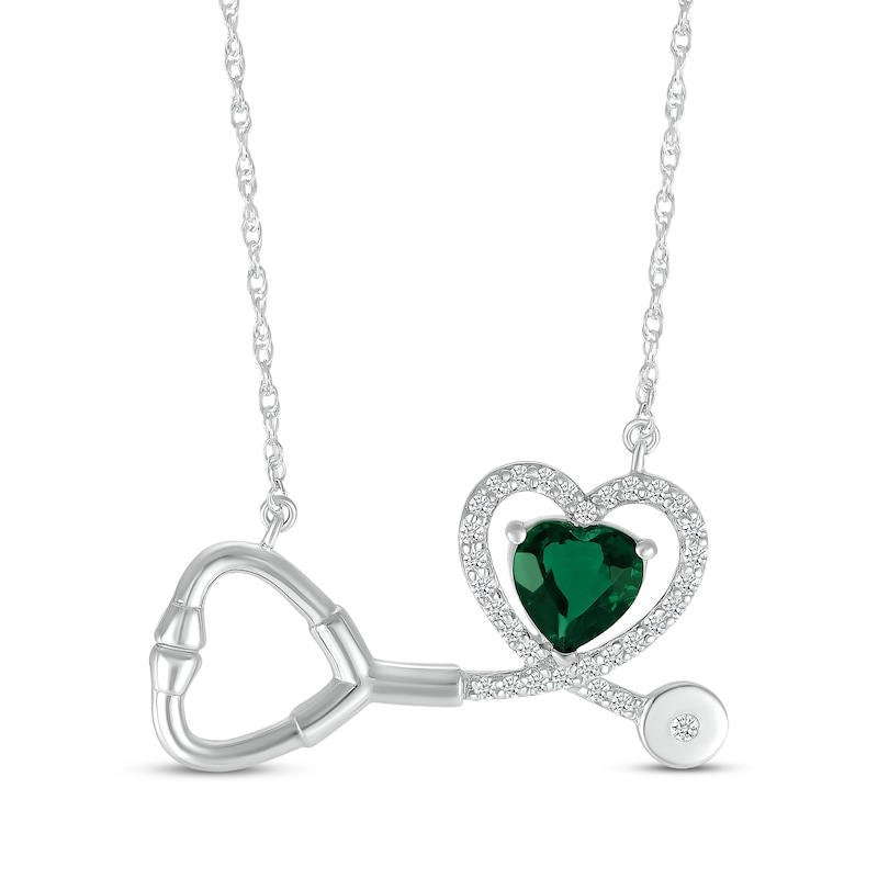 Main Image 1 of Heart-Shaped Lab-Created Emerald & White Lab-Created Sapphire Stethoscope Necklace Sterling Silver 17&quot;