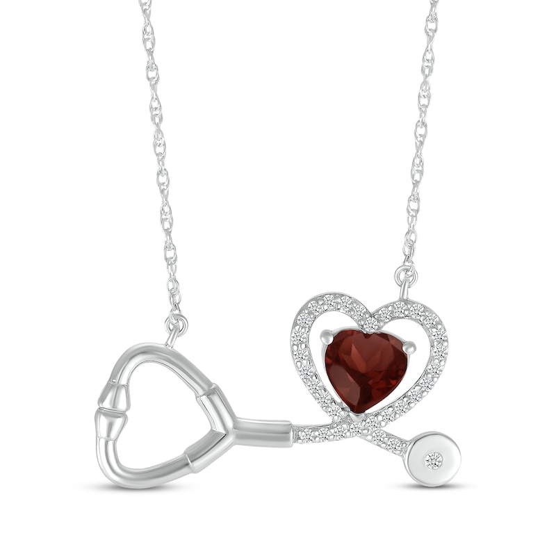 Main Image 1 of Heart-Shaped Garnet & White Lab-Created Sapphire Stethoscope Necklace Sterling Silver 17&quot;