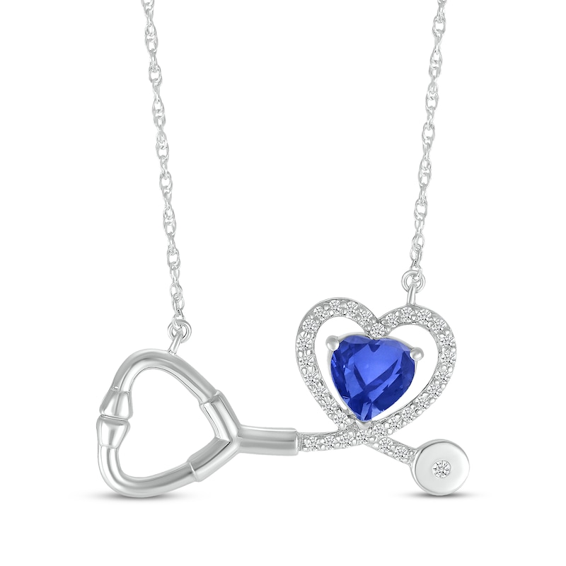 Main Image 1 of Heart-Shaped Blue & White Lab-Created Sapphire Stethoscope Necklace Sterling Silver 17&quot;