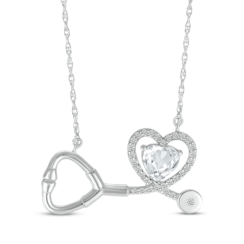 Heart-Shaped White Lab-Created Sapphire Stethoscope Necklace Sterling Silver 17"