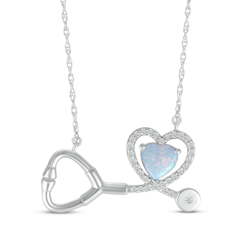 Main Image 1 of Heart-Shaped Lab-Created Opal & White Lab-Created Sapphire Stethoscope Necklace Sterling Silver 17&quot;