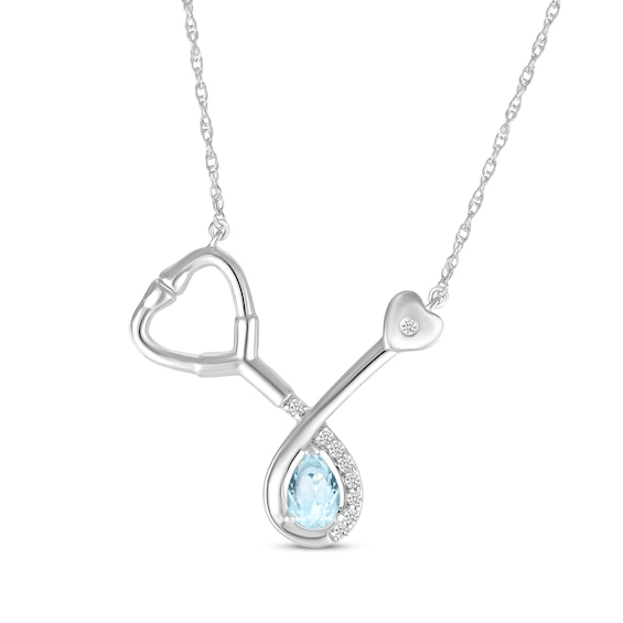 Pear-Shaped Aquamarine & White Lab-Created Sapphire Stethoscope Necklace Sterling Silver 17"