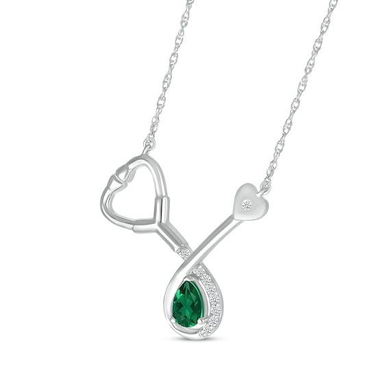 Thumbnail Image 2 of Pear-Shaped Lab-Created Emerald & White Lab-Created Sapphire Stethoscope Necklace Sterling Silver 17"