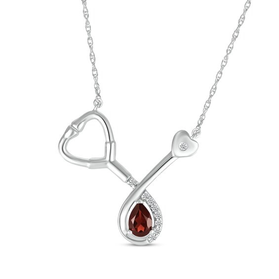Pear-Shaped Garnet & White Lab-Created Sapphire Stethoscope Necklace Sterling Silver 17"