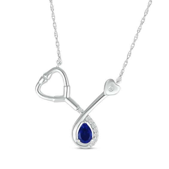 Pear-Shaped Blue Lab-Created Sapphire & White Lab-Created Sapphire Stethoscope Necklace Sterling Silver 17"