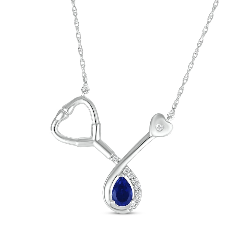 Main Image 1 of Pear-Shaped Blue Lab-Created Sapphire & White Lab-Created Sapphire Stethoscope Necklace Sterling Silver 17"