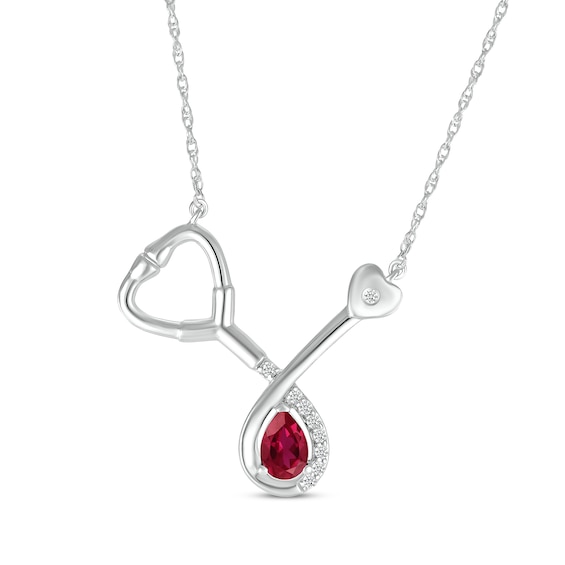 Pear-Shaped Lab-Created Ruby & White Lab-Created Sapphire Stethoscope Necklace Sterling Silver 17"