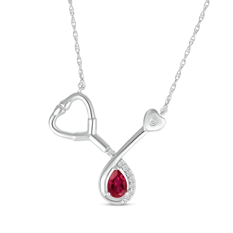 Main Image 1 of Pear-Shaped Lab-Created Ruby & White Lab-Created Sapphire Stethoscope Necklace Sterling Silver 17"