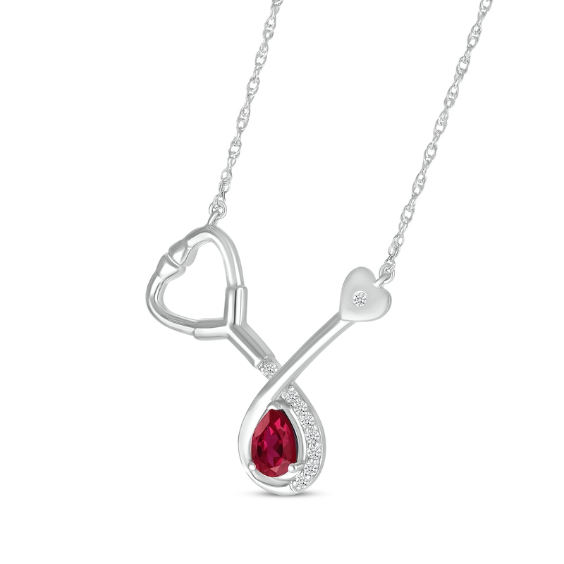 Main Image 2 of Pear-Shaped Lab-Created Ruby & White Lab-Created Sapphire Stethoscope Necklace Sterling Silver 17"