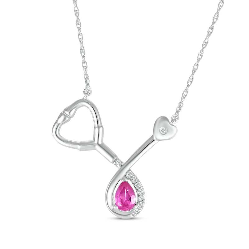 Main Image 1 of Pear-Shaped Pink Lab-Created Sapphire & White Lab-Created Sapphire Stethoscope Necklace Sterling Silver 17&quot;