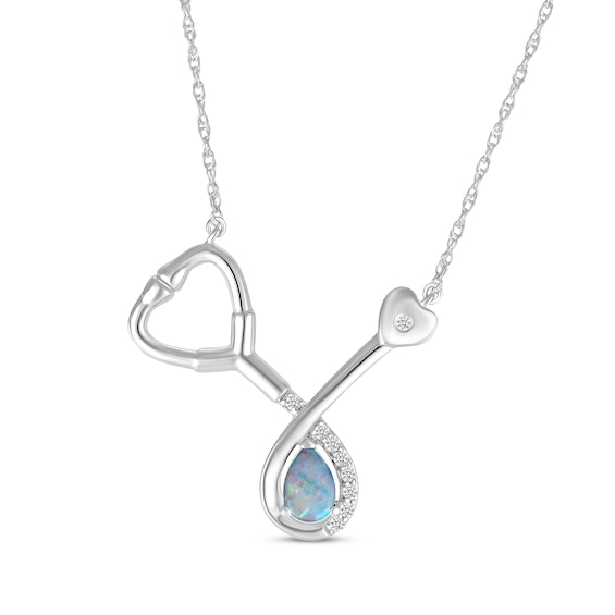 Pear-Shaped Lab-Created Opal & White Lab-Created Sapphire Stethoscope Necklace Sterling Silver 17"
