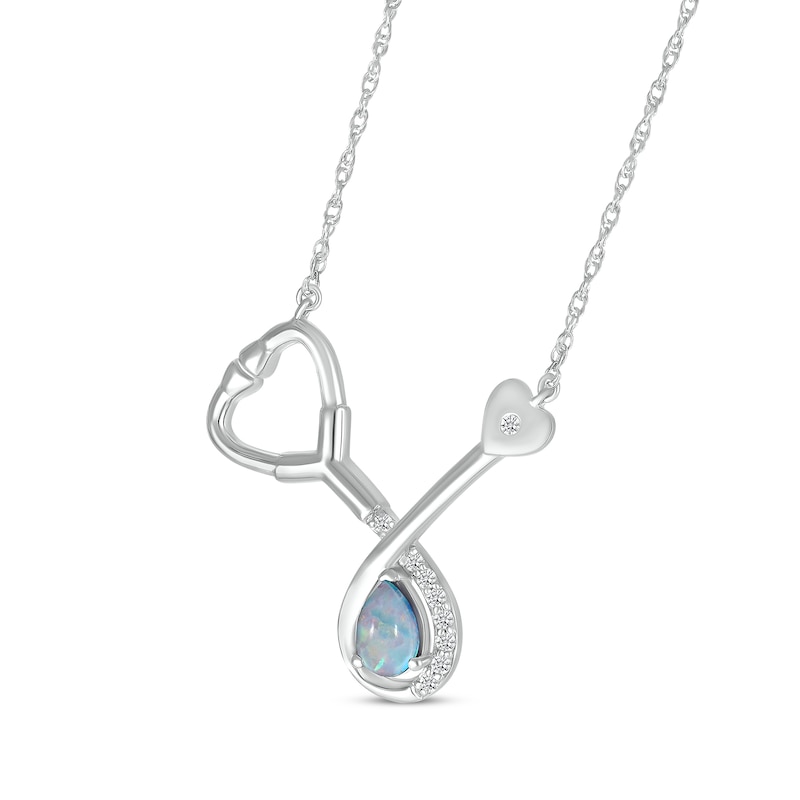 Main Image 2 of Pear-Shaped Lab-Created Opal & White Lab-Created Sapphire Stethoscope Necklace Sterling Silver 17&quot;