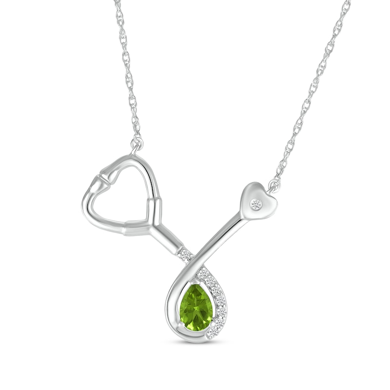Main Image 1 of Pear-Shaped Peridot & White Lab-Created Sapphire Stethoscope Necklace Sterling Silver 17"