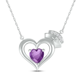 Heart-Shaped Amethyst & White Lab-Created Sapphire Nurse Necklace Sterling Silver 17"