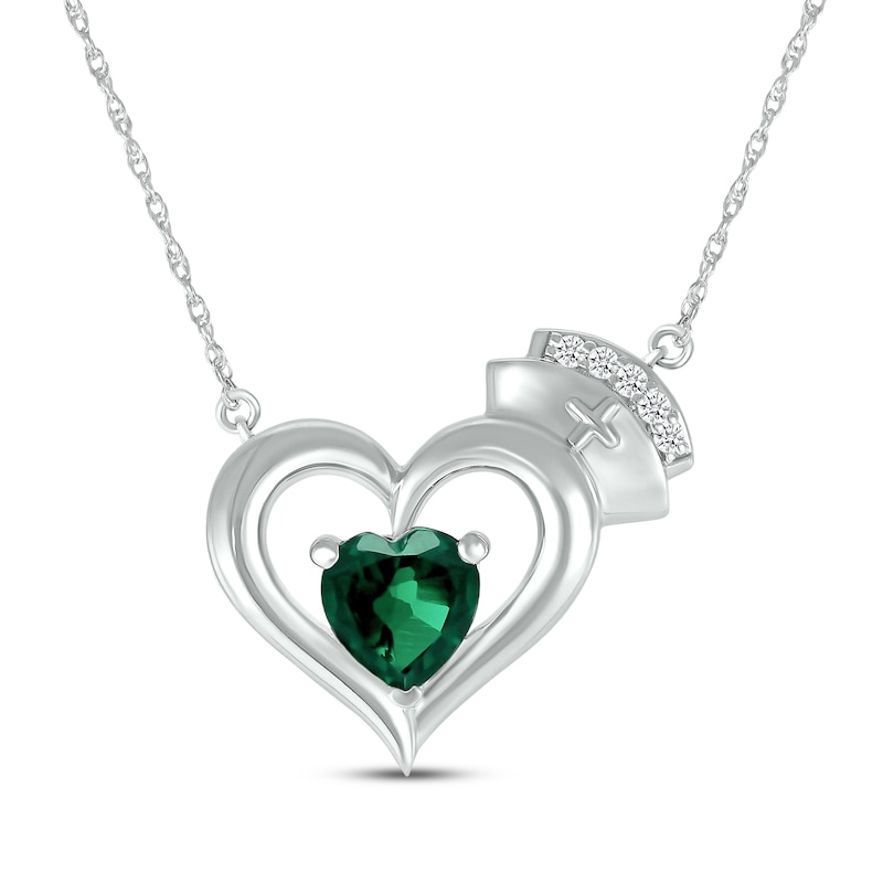 Main Image 1 of Heart-Shaped Lab-Created Emerald & White Lab-Created Sapphire Nurse Necklace Sterling Silver 17&quot;